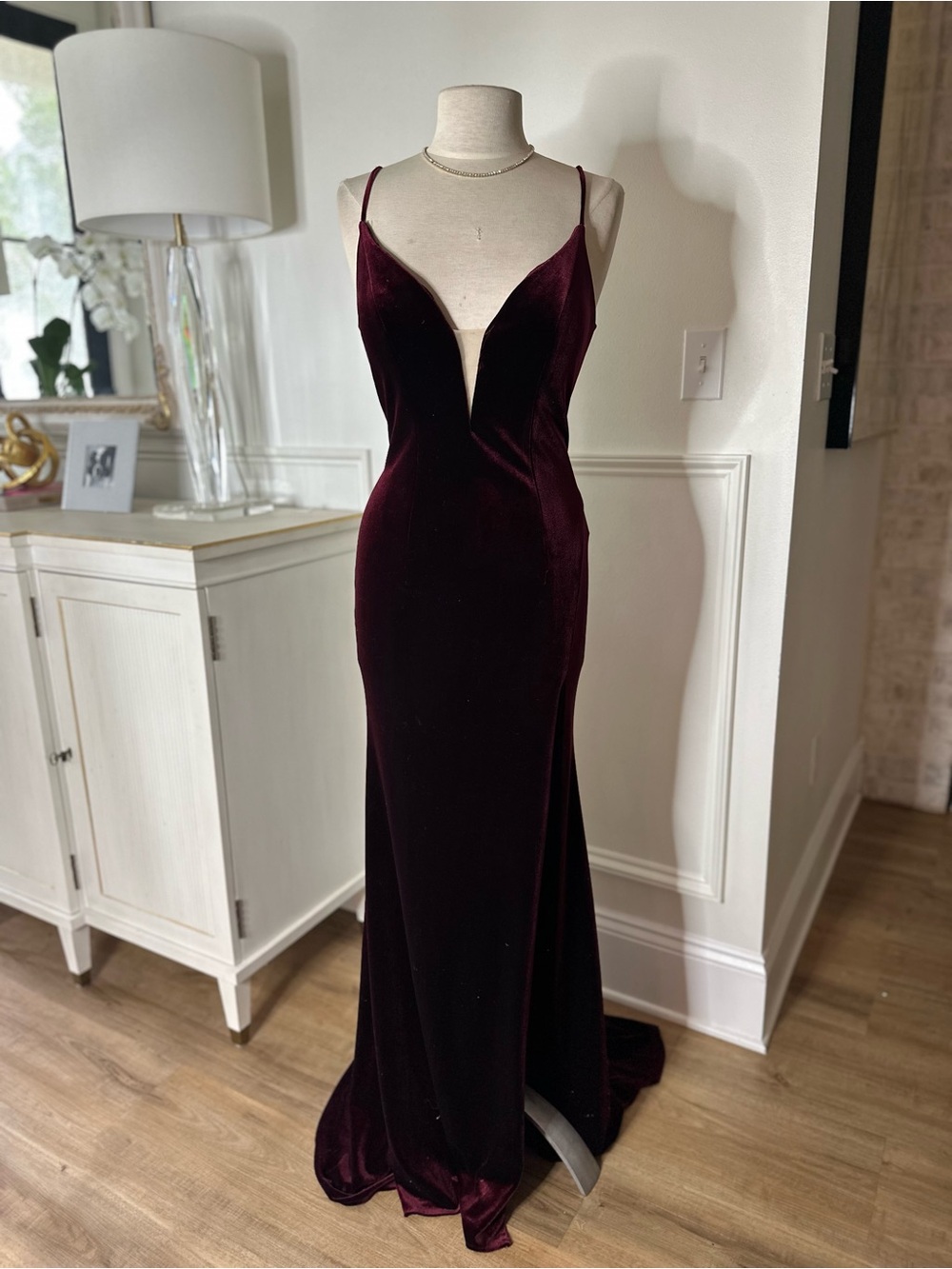 Jovani Deep Burgundy Velvet Maxi Gown